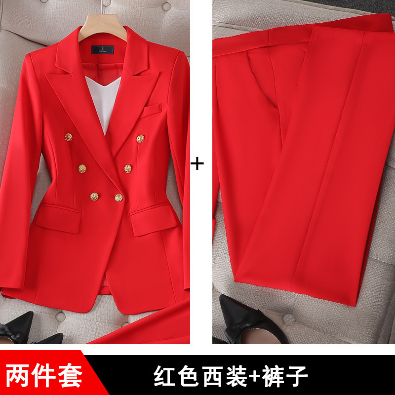 西装套装女玫红色时尚正装西服高端时尚气质女神范套装阔腿裤正装|undefined
