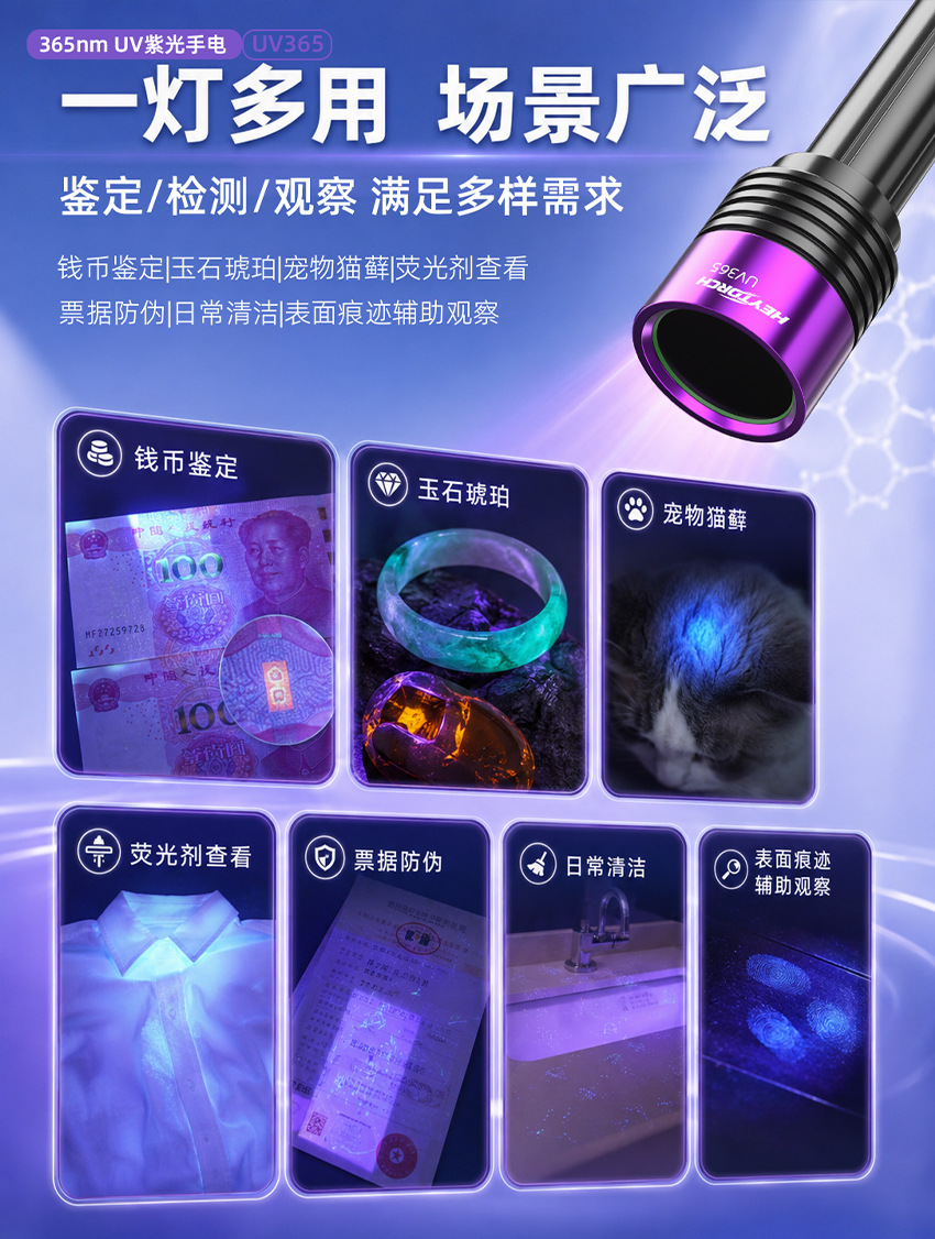 New UV purple light flashlight for identification and detection, high-power 365nm ultraviolet light for pet identification and money detection