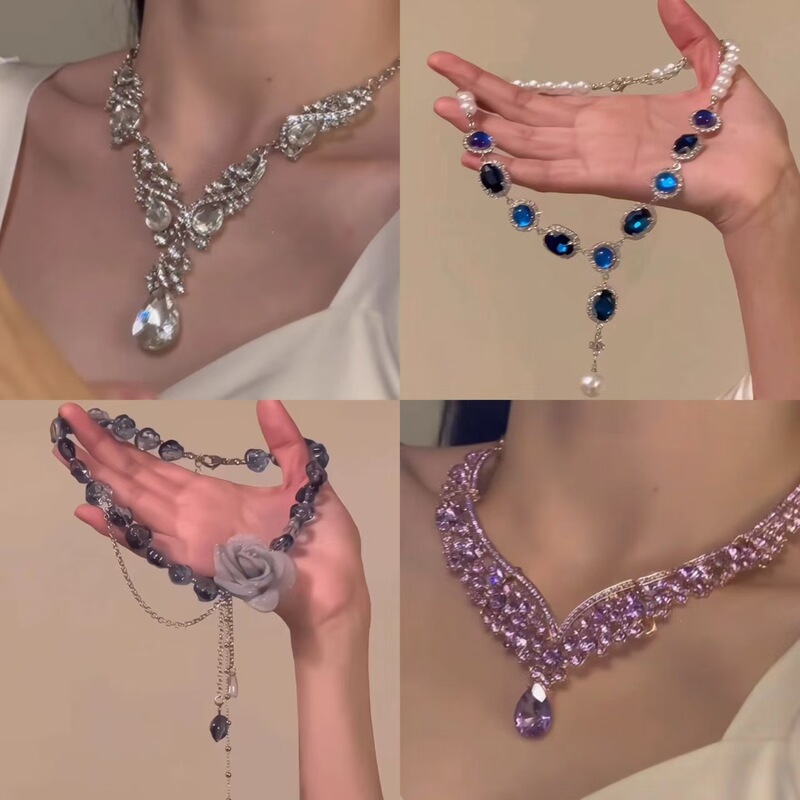 Light Luxury Heavy Industry Super Flash Color Rhinestone Necklace High Sense Personality Elegant Dinner Dress Clavicle Chain Accessories