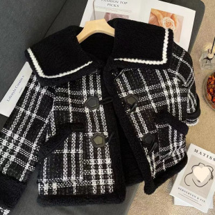 Girls' Chanel Style Coat Spring and Autumn Large Children's Baby Girl Autumn fleece-lined Thickened Warm Lapel Plaid Top