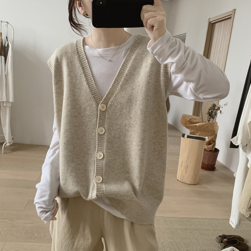 V-Neck Knitted Vest Jacket for Women, Spring & Fall New Style, Loose and Slimming, Korean Style, Simple Sleeveless Age-Reducing Cardigan Vest