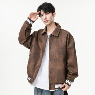 Motorcycle Leather Jacket 2024 Autumn and Winter Pu Leather Lapel Jacket Men's American Retro Men's Casual Loose Trendyy Jacket