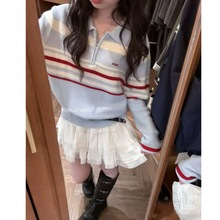 2025新款韩系POUCH巨好看轻熟上衣蓝色条纹翻领拉链针织衫高品质