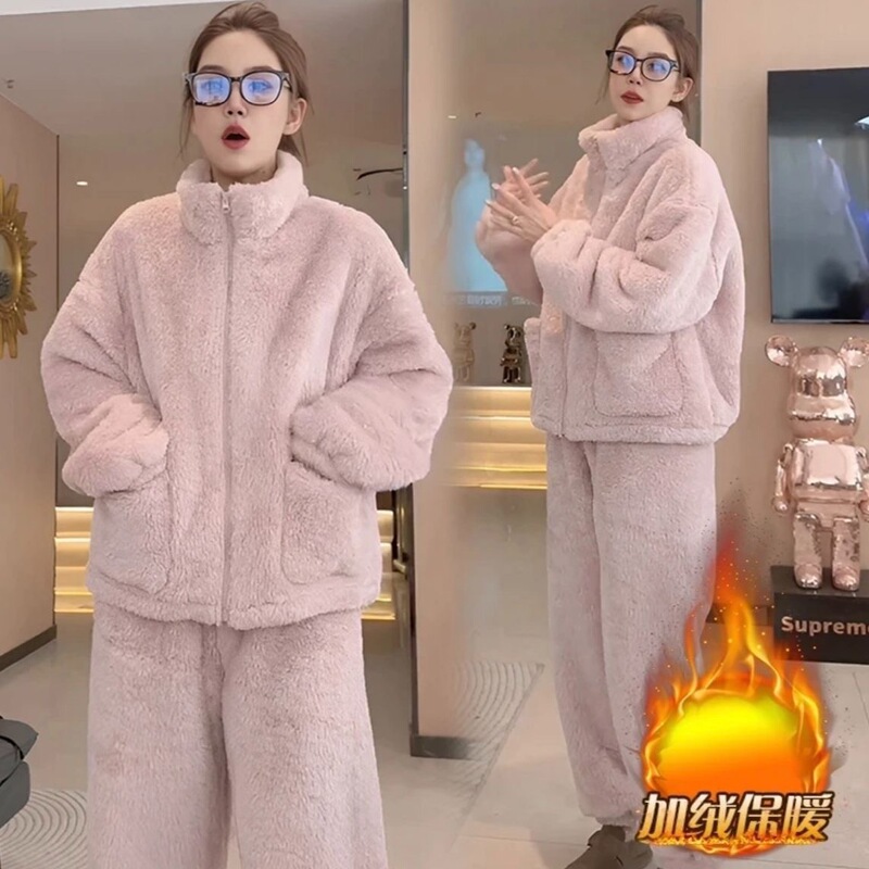2026 Stand-Up Collar Pajamas Autumn and Winter Home Wear Thickened Set High Collar Can Be Worn Outside Women's Home Pajamas Casual Nightgown