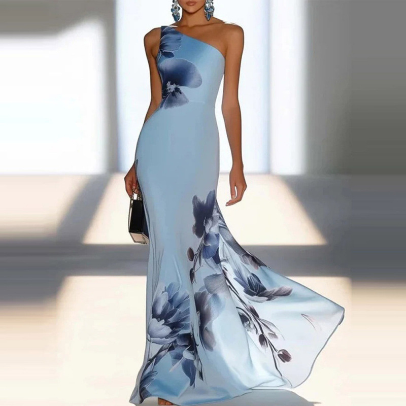 European and American Style 2026 New Model Blue Printed One-Shoulder Long Dress Elegant Temperament Party Gown Dress