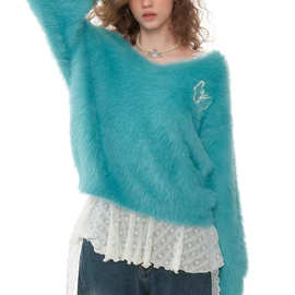 ziziFe1秋冬美式复古高级感毛毛宽松软糯蓝绿色慵懒套头V领毛衣女