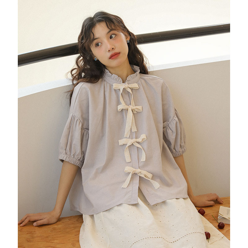 Real Shot 2025 Summer New Mori Style Artistic Sweet Bow Cotton Linen Puff Sleeve Short Sleeve Shirt Women's Top