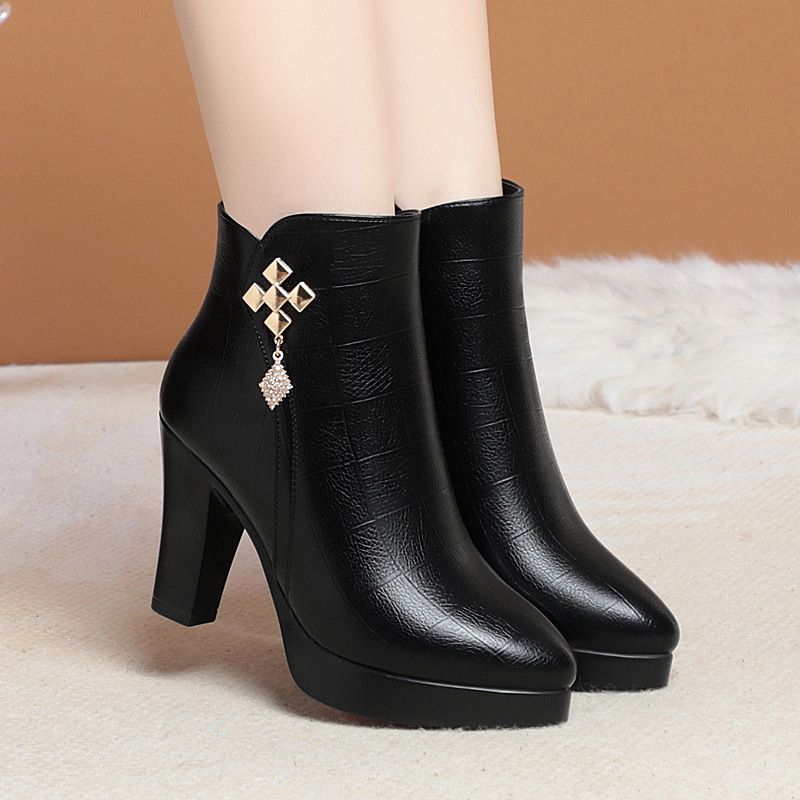 Soft Leather Autumn and Winter fleece-lined Thickened Platform Middle-aged Leather Boots High-heeled Slimming Elegant Convenient Side Zipper Women's Boots