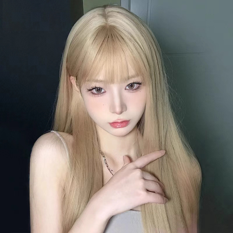 Pelucas transfronterizas europeas y estadounidenses pelucas blancas rubias mujeres verano delgada cabello largo y recto moda natural sin marcas invisible cubierta de cabeza completa