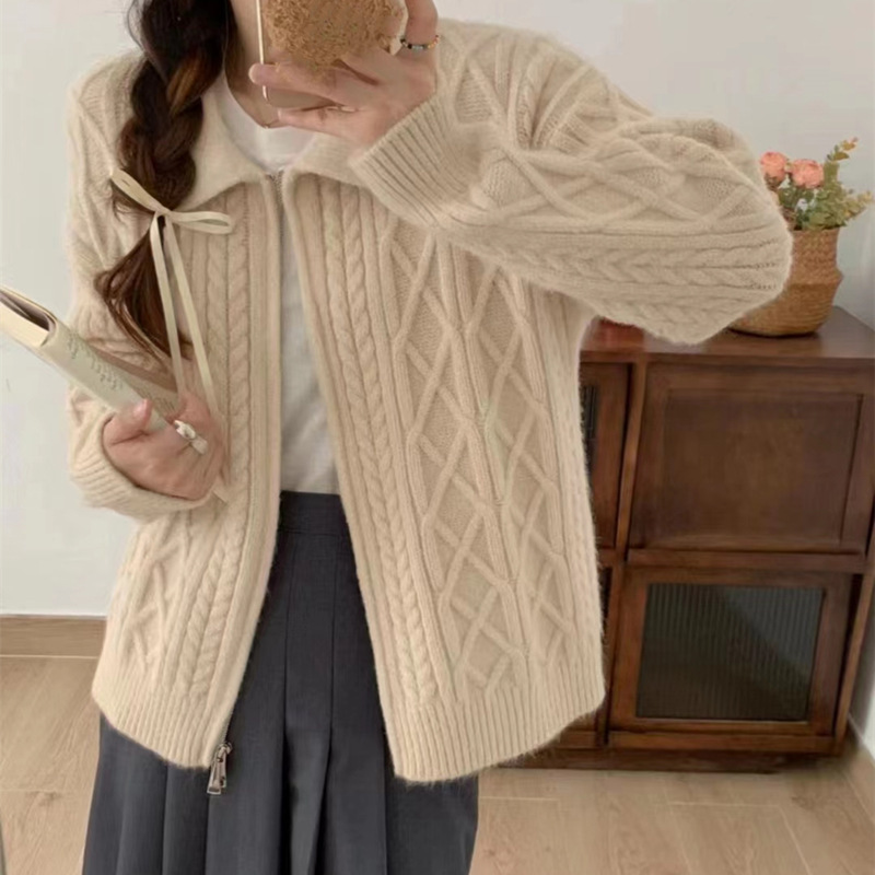 レトロな襟付きジッパーセーターコート、女性用、秋冬、クロスボーダー、ゆったりとした怠惰なデザイン、スタイリッシュな麻花編みニットカーディガン|undefined