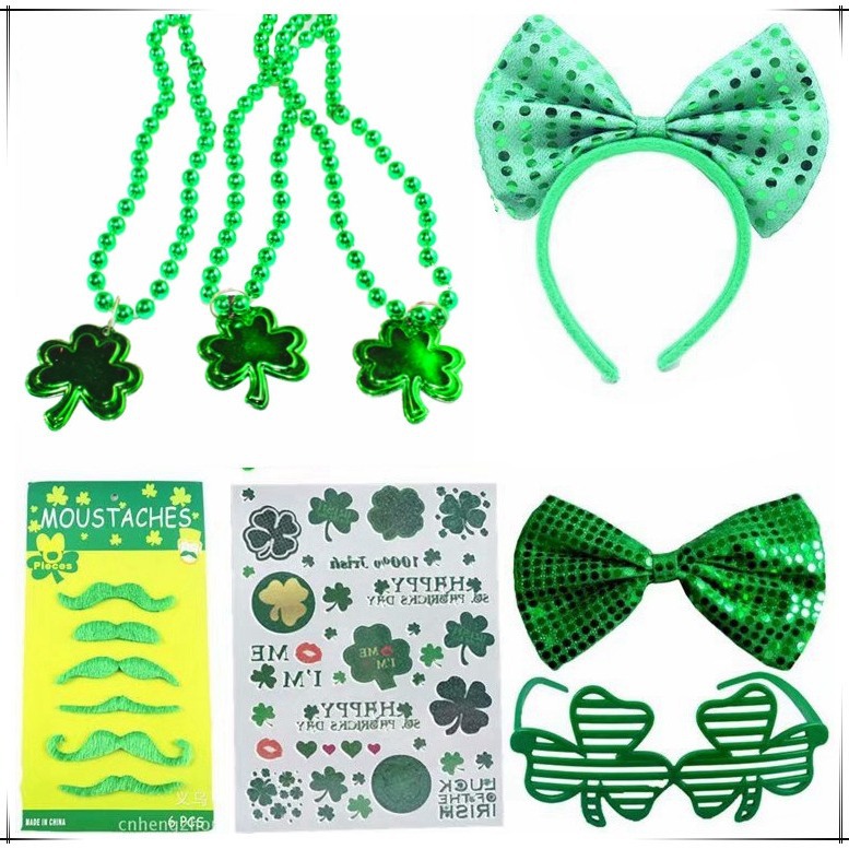 Fabricante proveedor de set irlandés día de San Patricio verde trébol corbata barba falsa set