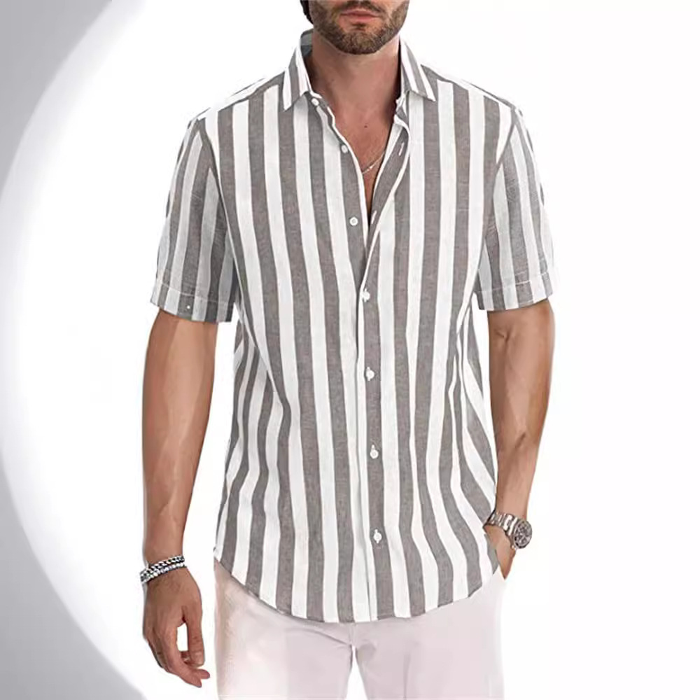 Amazon nuevos hombres de la moda de manga corta a rayas camisa de solapa de primavera y otoño camisa fuente de fábrica