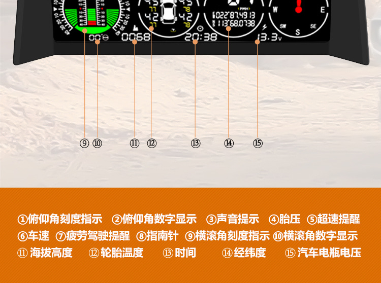 Car Hud Head-Up Display Tire Pressure Monitoring Internal and External Altitude Gps Speed Slope Voltage Compass High-Definition Display