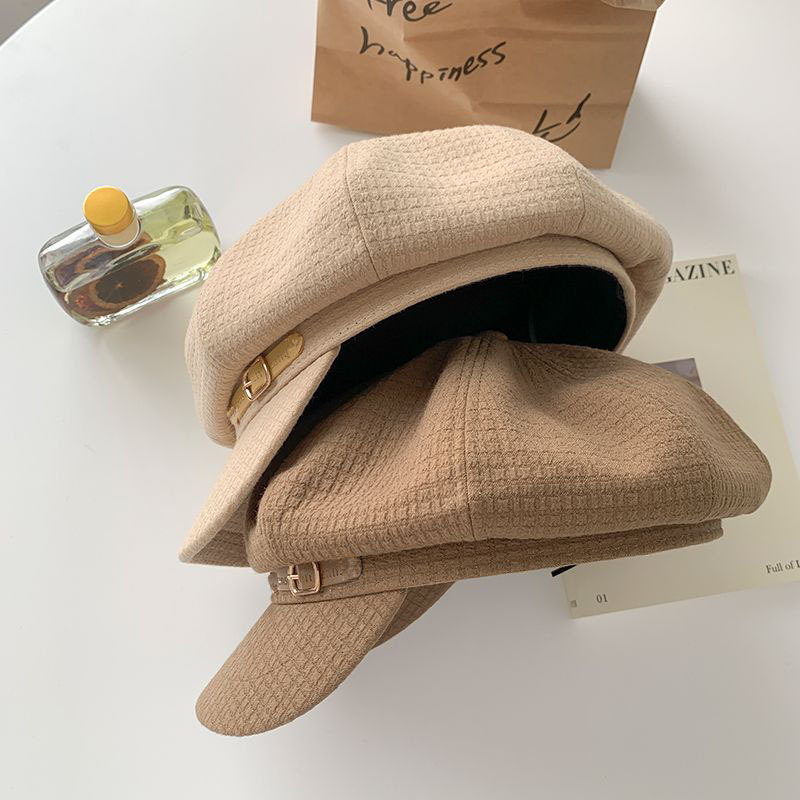 New Autumn And Winter Octagonal Hat For Children, British Waffle Grid Octagonal Hat For Women, Metal Belt Buckle, Fashionable And Versatile Painter_voghion.com