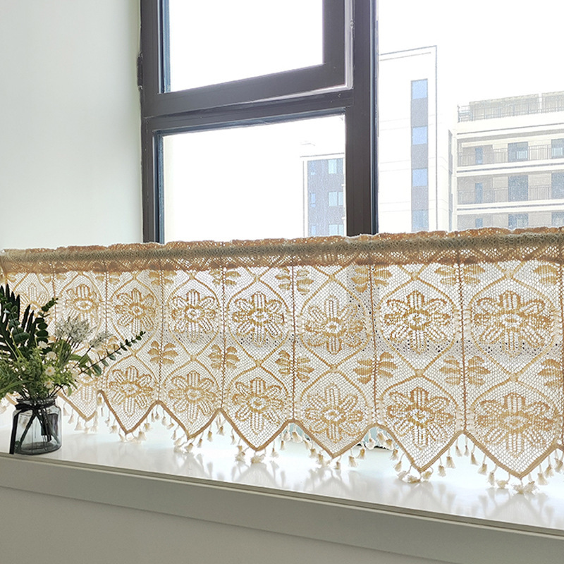 Vintage Crochet Splicing Fabric Half Curtain Short Curtain American-Style Small Window Curtain Self-Adhesive Door Curtain Free