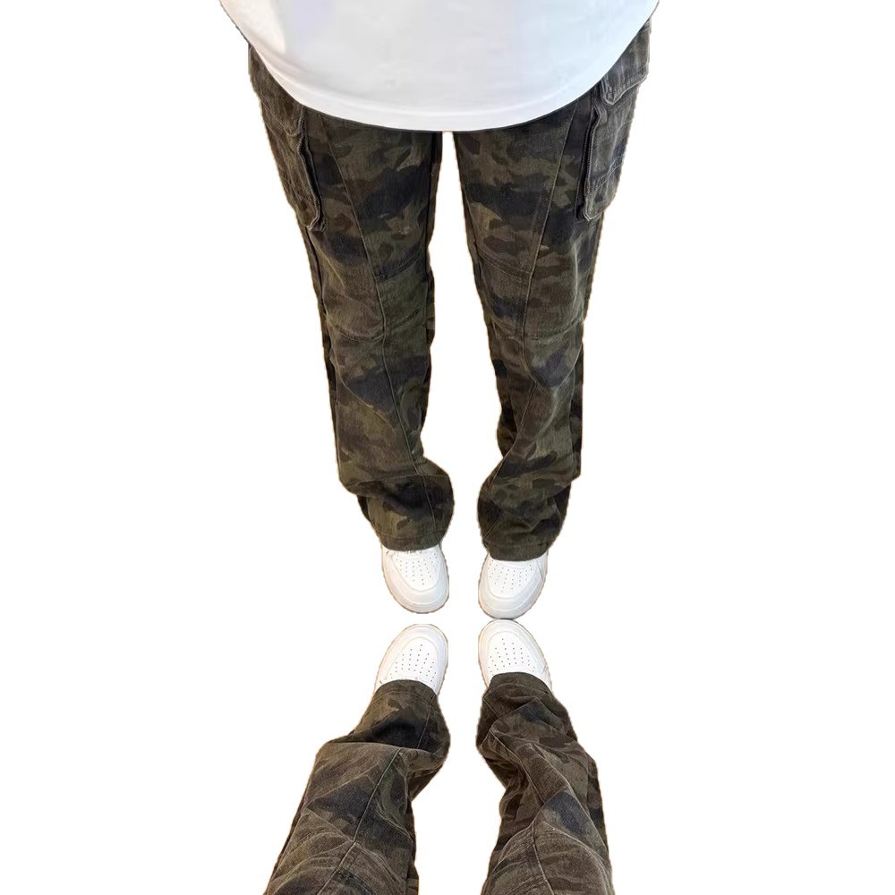 Primavera y verano Chao Gao Street multi-bolsillo pantalones casuales pareja hombre suelto jeans de camuflaje de trabajo retro pantalones de micro-escalado