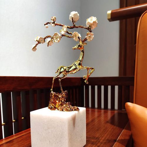 Marble Yellow Copper Plum Blossom Deer Ornament Living Room Entrance TV Bar Cabinet Luxury Home Decor Desk Soft Decoration