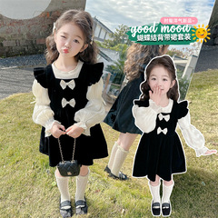 女童小飛袖絲絨裙套裝2024春季新款洋氣時髦兒童女寶寶休閒兩件套