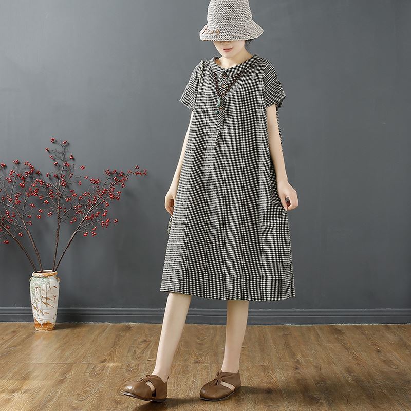 Literary Style Vintage Plaid Cotton and Linen Dress Women's Summer Loose Belly Covering Linen Midi Shirt Skirt