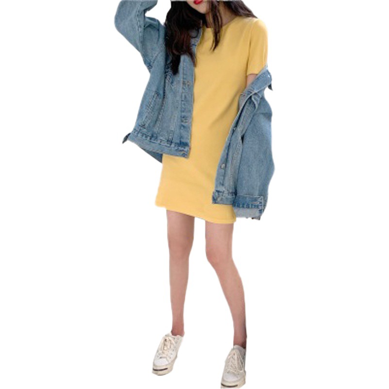 2025年夏新作 韓国風 スリム 無地 半袖Tシャツ レディース ミディアム丈ワンピース 女性向け 外貿婦人服