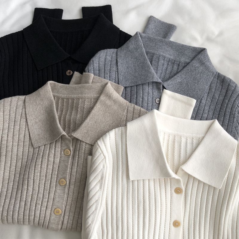 Korean style polo lapel solid color pit knitted cardigan single-breasted slim slimming long sleeve sweater shawl small coat