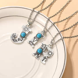 跨境独立站热销复古松石26个英文字母刻字项链个性波西米亚风吊坠