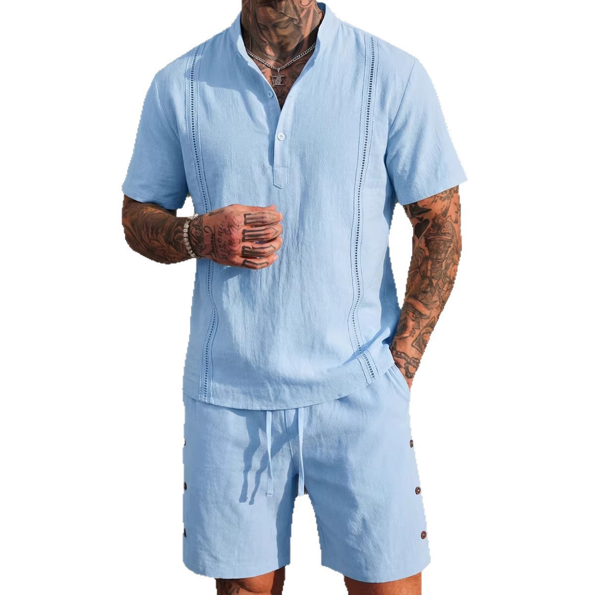 Monochrome Man - Completo estivo da uomo europeo e americano composto da camicia Henley in cotone e lino e pantaloncini con coulisse, casual da spiaggia._voghion.com