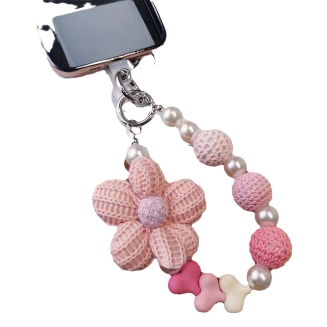 Corto hecho a mano de lana flor amor bolsa perlas adornos ins moda red teléfono móvil Cordón de cadena portátil cordón