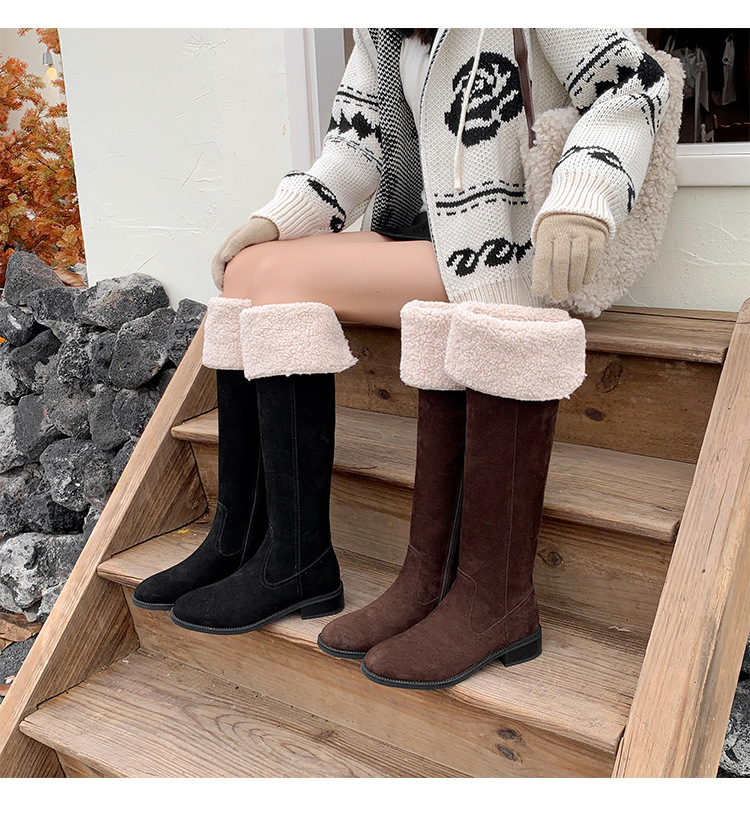 Boot nữ cổ cao ôm chân da bò lộn gót dày hai lớp lông — màu nâu chi tiết 24