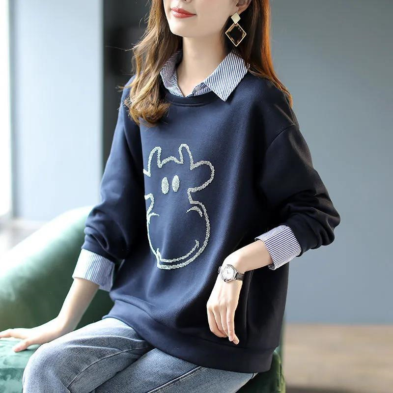 2026 Autumn/Winter Faux Two-Piece Fleece Sweater Women's Polo Collar Sweatshirt Shirt Collar Top Thickened Spring Style with Fleece