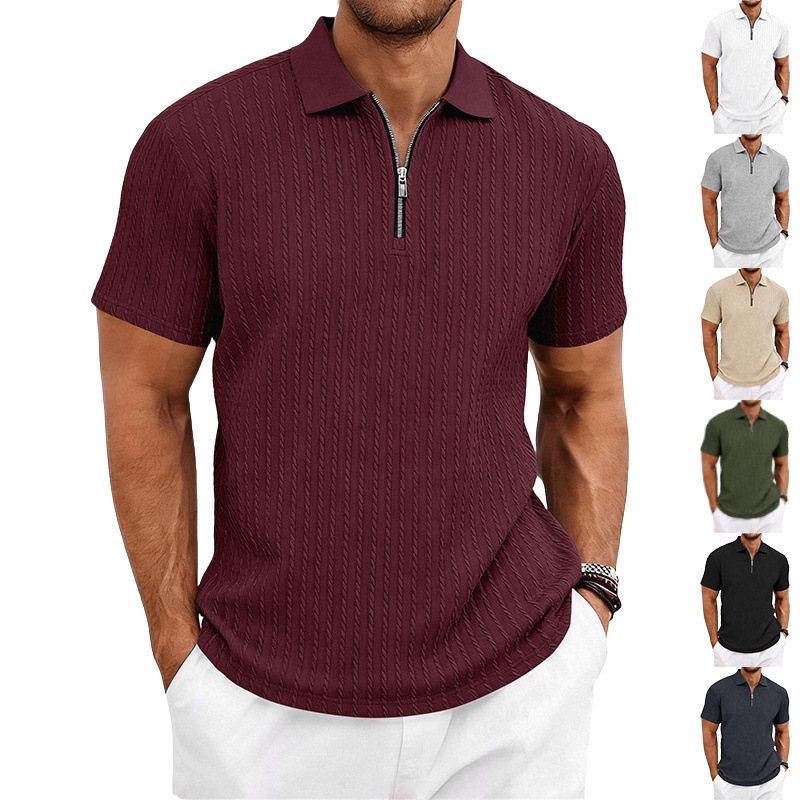 Men's Clothing Summer Casual Knitted Textured Golf Polo Shirt For Men Zip Up Short Sleeved European American Style Commuter Wear_voghion.com