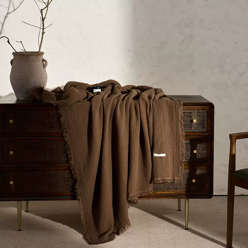 美拉德色毯子四层纱全棉纯棉流苏毯沙发盖毯办公室午睡毯轻奢感