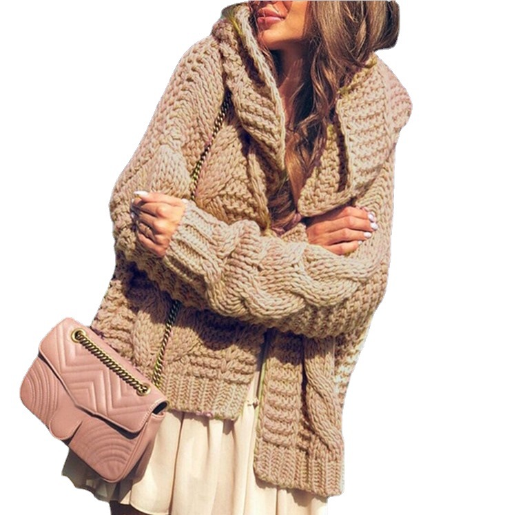 Suéter Cárdigan con Capucha de Punto Grueso de Color Sólido, Moda de Invierno Europea y Americana para Mujer, Exportación 2025