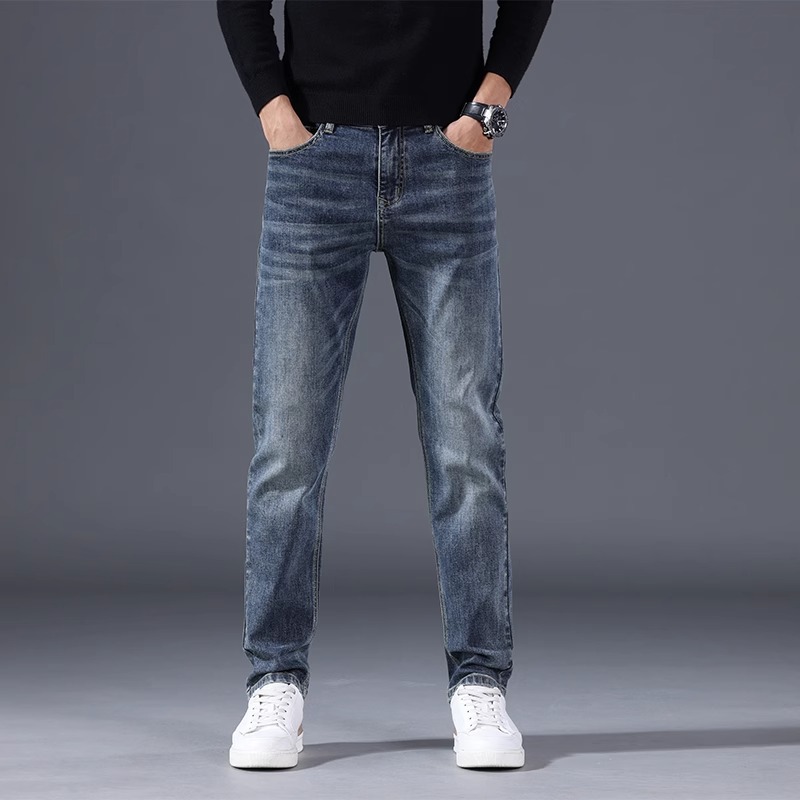 De alta gama de algodón puro 2025 nuevos jeans para hombres primavera y otoño nuevos pantalones largos elásticos azules retro sueltos rectos para hombres