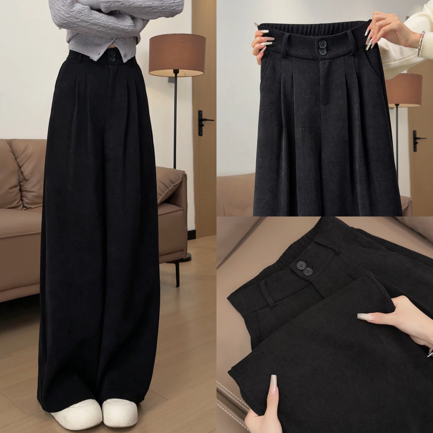 Black Corduroy Pants for Women in Autumn and Winter, High-End Draped Suit Pants, Fleece-Lined, Loose Wide-Leg Straight Casual Pants