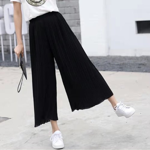 Women's Summer Chiffon Pleated Wide Leg Pants 9/10 Length High-Waisted Flowy Loose Skirt Suit New Fashion Plus Size Pants Slimming