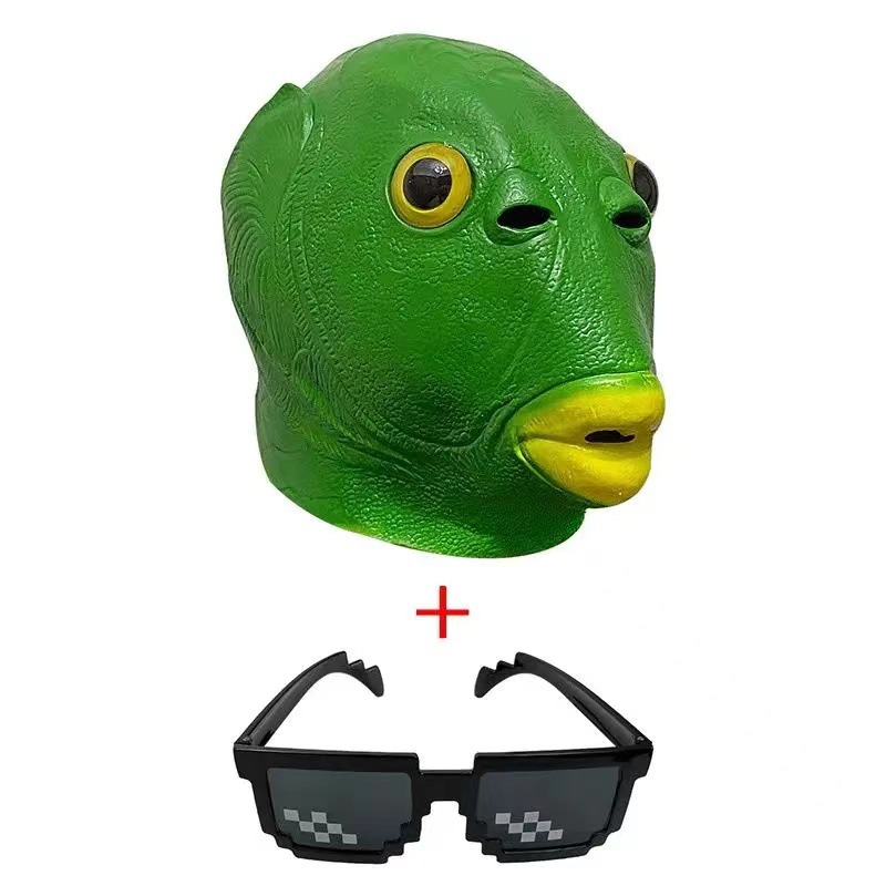 Fábrica directa tiktok mismo estilo cabeza de pescado cubierta máscara verde cabeza pescado hombre lindo divertido arena talla verde cabeza monstruo animal