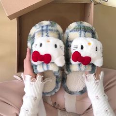 复古格纹加绒保暖平底毛毛拖鞋女外穿2025冬季新款居家包头棉拖鞋