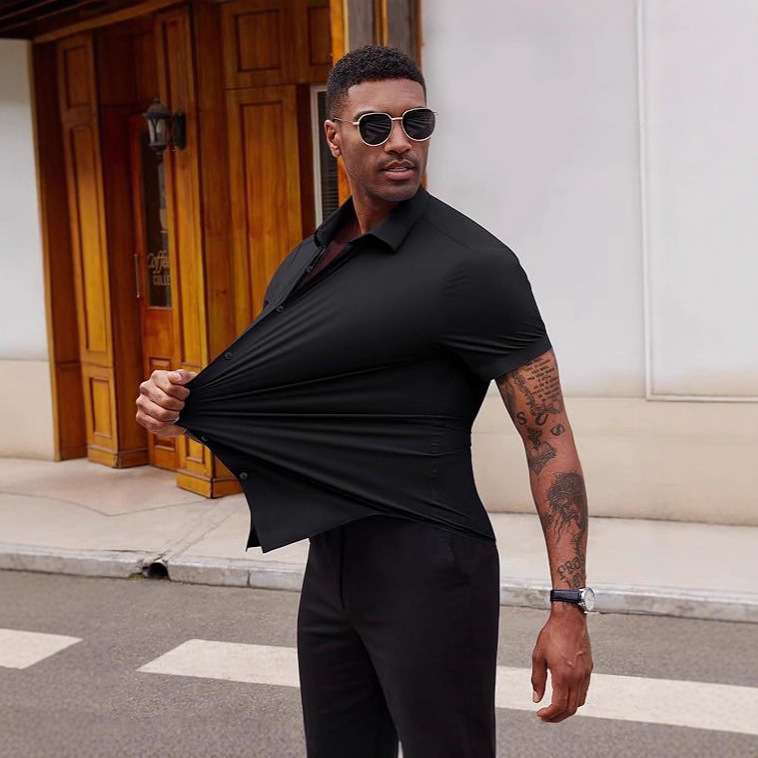Cross-Border Amazon High-Elastic Muscle Shirt for Men, Seamless Stretch Short-Sleeved Solid Color Business Casual Shirt for Men