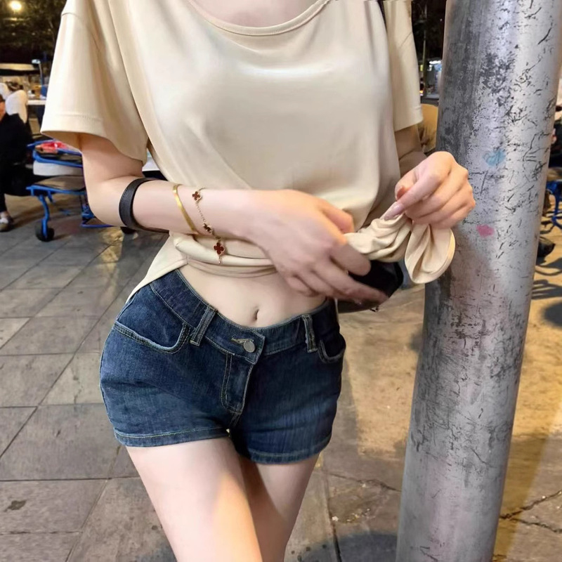 American Retro Blue Stretch Denim Shorts for Women Summer New Sexy Washed A-Line Low-Waist Straight Hip Shorts