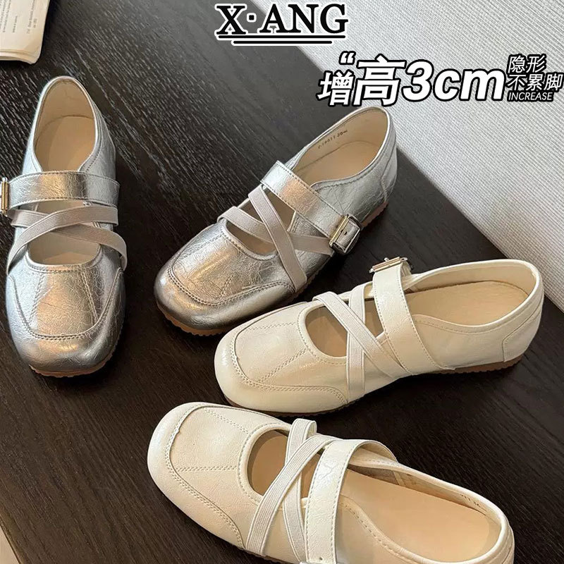 In stock~ Cowhide square-toed fashion ballet shoes with internal height increase, silver Mary Jane shoes, women's soft-soled single shoes In stock~ Cowhide square-toed fashion ballet shoes with internal height increase, silver Mary Jane shoes, women's soft-soled single shoes
