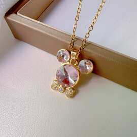 【钛钢】可爱水晶满钻蝴蝶结小熊项链女网红百搭锁骨链钛钢链条