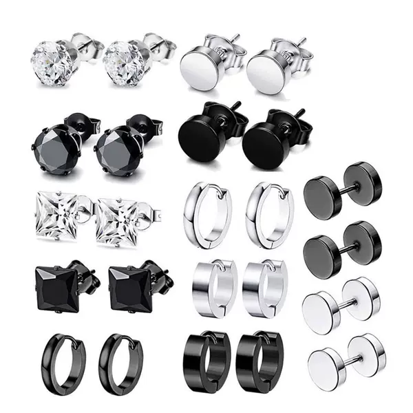12 Pairs of Amazon Stainless Steel Black Earrings Set, Hot-Selling Unisex Ear Clips, Ear Buckles, Personalized Ear Studs, Light Luxury Style