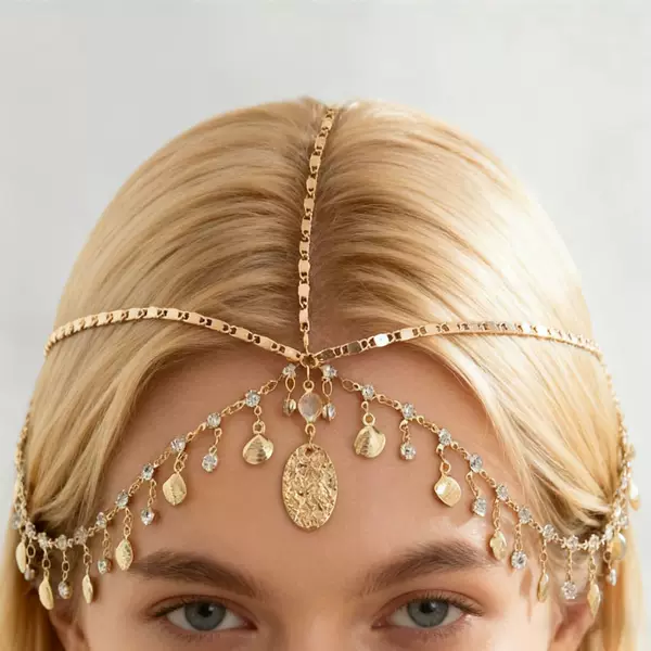 European and American Cross-Border Fashion Accessories, Stylish Layered Tassel Head Chain Hair Accessory, High-End Metal Scallop Pendant Forehead Chain