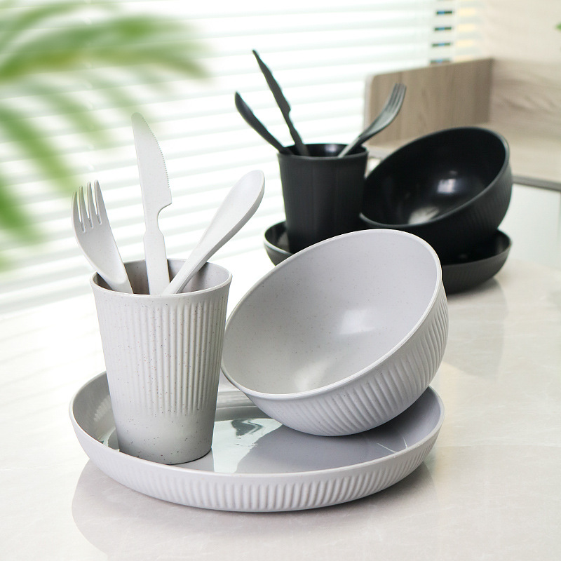 24-piece familia vajilla traje de paja de trigo rayado plato taza tazón de arroz restaurante plato tazón de fideos taza de agua image 5
