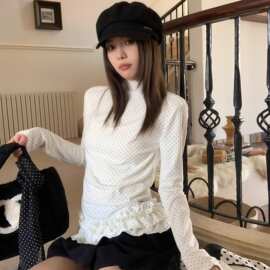 波点蝴蝶结花边长袖t恤女秋冬修身甜美半高领打底衫内搭白色上衣
