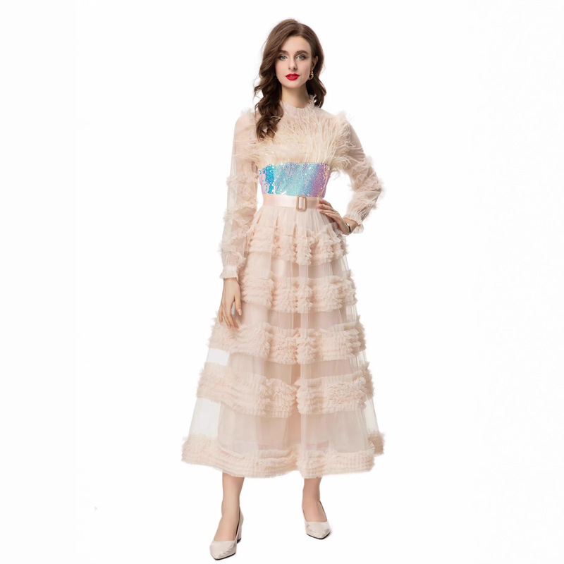 European and American Style Women's Clothing 2025 Autum High Collar Feather Sequin Belt Ruffled Pink See-Through Long-Sleeved Dress