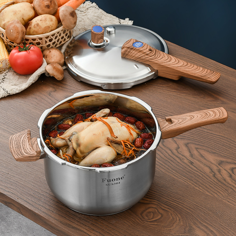 304不锈钢复合底高压锅燃气电磁炉通用木纹柄防烫防爆特厚压力锅|ms