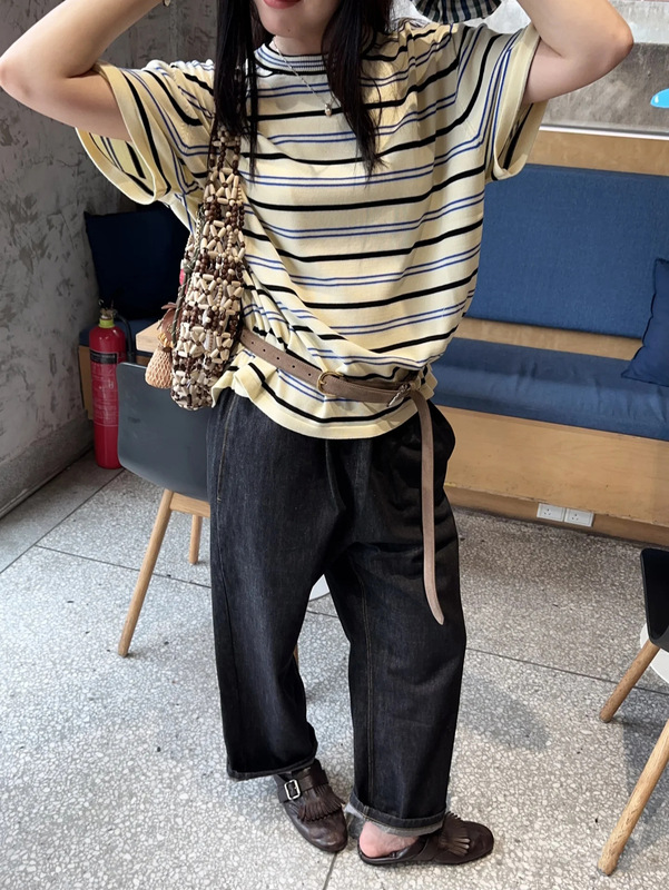 Cor25早秋新款蓝黑条纹针织短袖衫宽松圆领T恤女廓形休闲半袖上衣|undefined