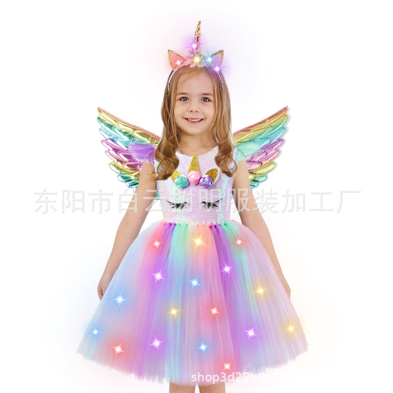 Unicorn with Light Girls dress Halloween Mesh Skirt Party Dress Glow Princess Dress Performance Dress Wings